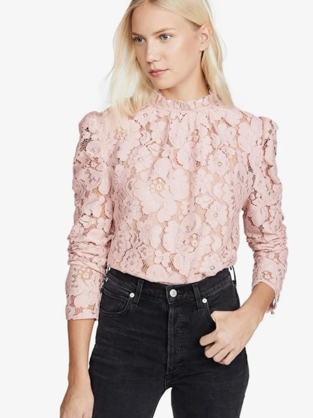 WAYF "Emma" Puff Sleeve Lace Top. Lace Long-Sleeve Bodysuit - Blush Pink